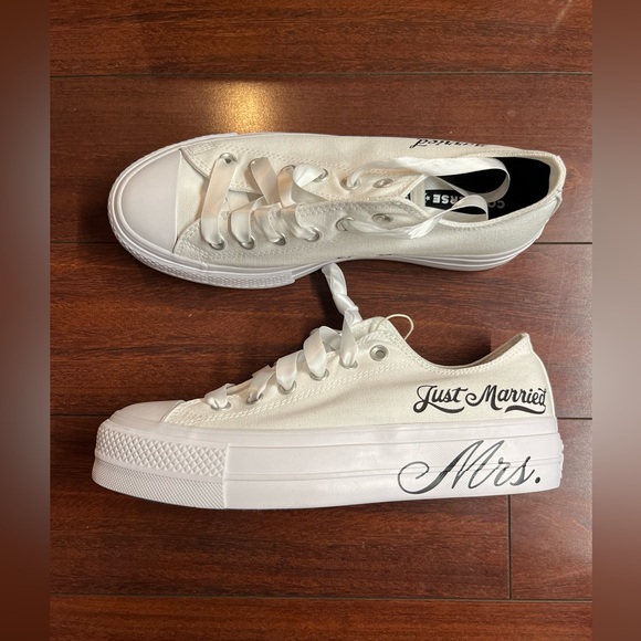 Custom Converse By You Lift Platform Low Womens 9.5 White Wedding Just Married - Picture 11 of 16